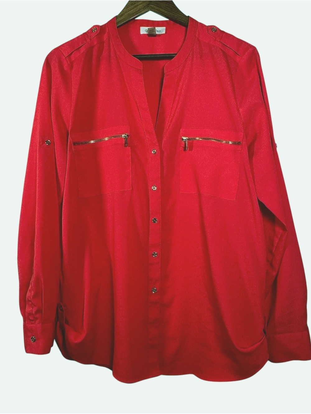 Calvin Klein Coral Utility Blouse Large Gold Zip Pocket Epaulet Roll Tab Work